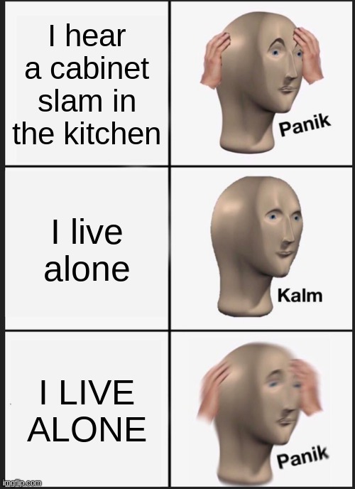 uh oh | I hear a cabinet slam in the kitchen; I live alone; I LIVE ALONE | image tagged in memes,panik kalm panik | made w/ Imgflip meme maker