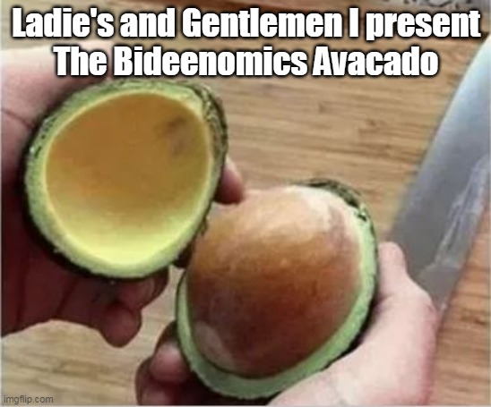 Brought to you by the lower your expectations administration | Ladie's and Gentlemen I present
The Bideenomics Avacado | image tagged in bidenomics meme | made w/ Imgflip meme maker