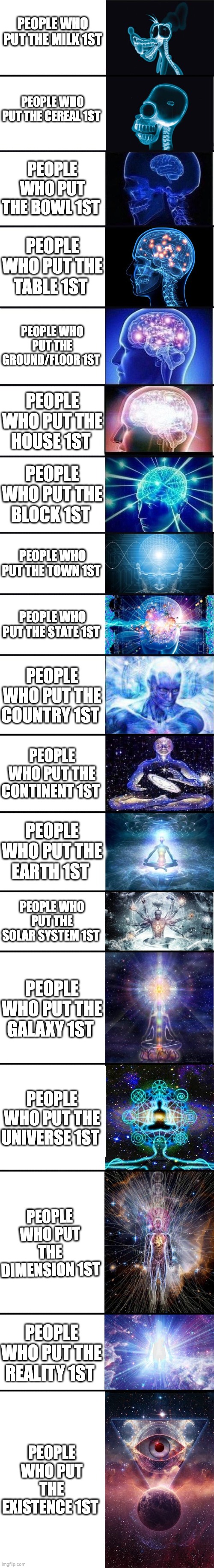 expanding brain: 9001 | PEOPLE WHO PUT THE MILK 1ST; PEOPLE WHO PUT THE CEREAL 1ST; PEOPLE WHO PUT THE BOWL 1ST; PEOPLE WHO PUT THE TABLE 1ST; PEOPLE WHO PUT THE GROUND/FLOOR 1ST; PEOPLE WHO PUT THE HOUSE 1ST; PEOPLE WHO PUT THE BLOCK 1ST; PEOPLE WHO PUT THE TOWN 1ST; PEOPLE WHO PUT THE STATE 1ST; PEOPLE WHO PUT THE COUNTRY 1ST; PEOPLE WHO PUT THE CONTINENT 1ST; PEOPLE WHO PUT THE EARTH 1ST; PEOPLE WHO PUT THE SOLAR SYSTEM 1ST; PEOPLE WHO PUT THE GALAXY 1ST; PEOPLE WHO PUT THE UNIVERSE 1ST; PEOPLE WHO PUT THE DIMENSION 1ST; PEOPLE WHO PUT THE REALITY 1ST; PEOPLE WHO PUT THE EXISTENCE 1ST | image tagged in expanding brain 9001 | made w/ Imgflip meme maker