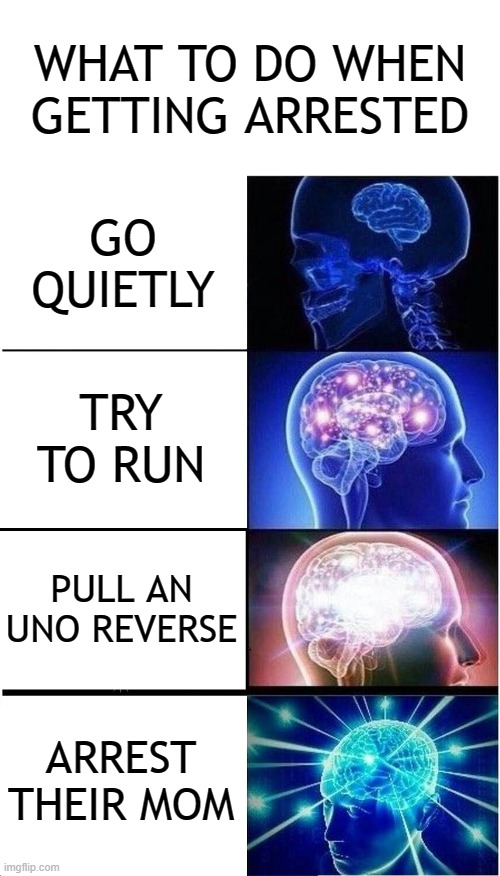 oh yeah, it's big brain time | WHAT TO DO WHEN GETTING ARRESTED; GO QUIETLY; TRY TO RUN; PULL AN UNO REVERSE; ARREST THEIR MOM | image tagged in memes,expanding brain | made w/ Imgflip meme maker