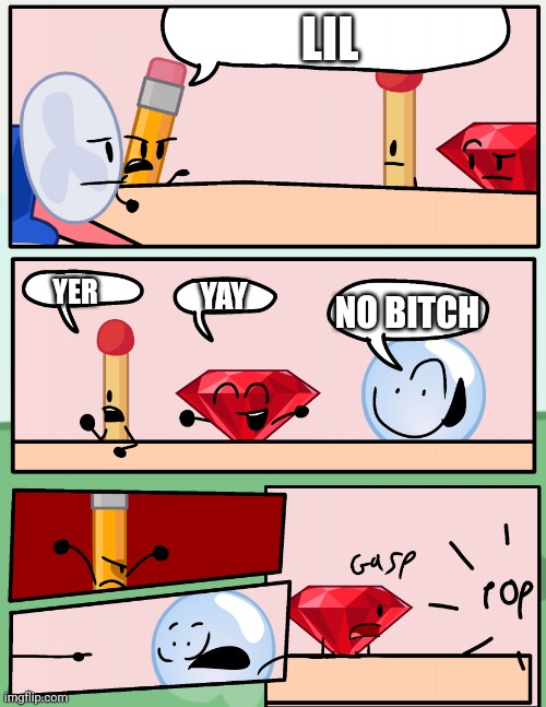 Example | LIL; YER; YAY; NO BITCH | image tagged in alliance meeting bfdi,bfdi | made w/ Imgflip meme maker