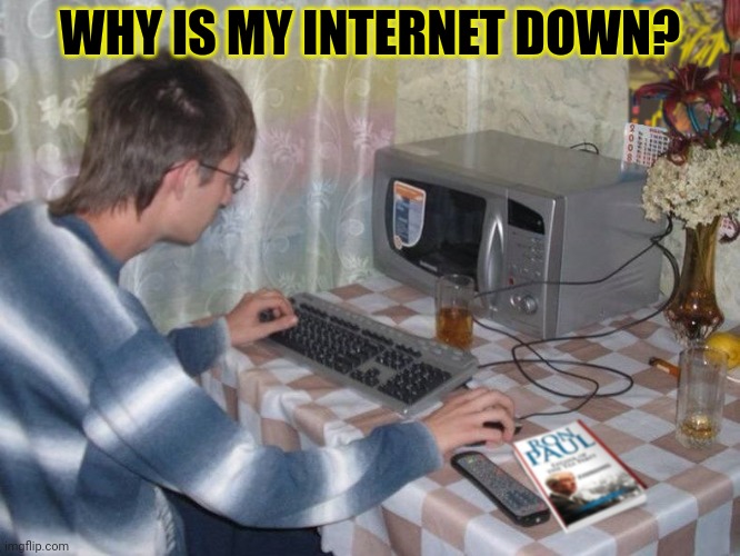 But why? Why would you do that? | WHY IS MY INTERNET DOWN? | image tagged in microwave libertarian,but why why would you do that,hey internet | made w/ Imgflip meme maker