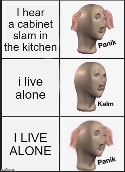 funny | I hear a cabinet slam in the kitchen; i live alone; I LIVE ALONE | image tagged in memes,panik kalm panik | made w/ Imgflip meme maker