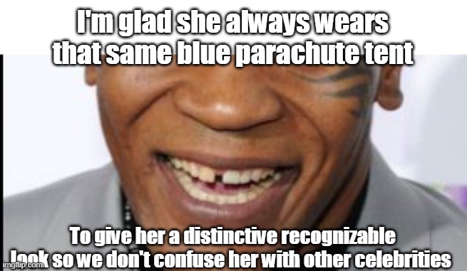 I'm glad she always wears that same blue parachute tent To give her a distinctive recognizable look so we don't confuse her with other celeb | made w/ Imgflip meme maker