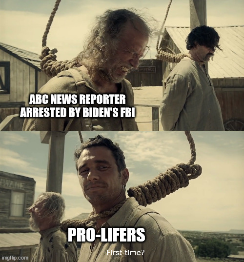 First time? | ABC NEWS REPORTER ARRESTED BY BIDEN'S FBI; PRO-LIFERS | image tagged in first time | made w/ Imgflip meme maker