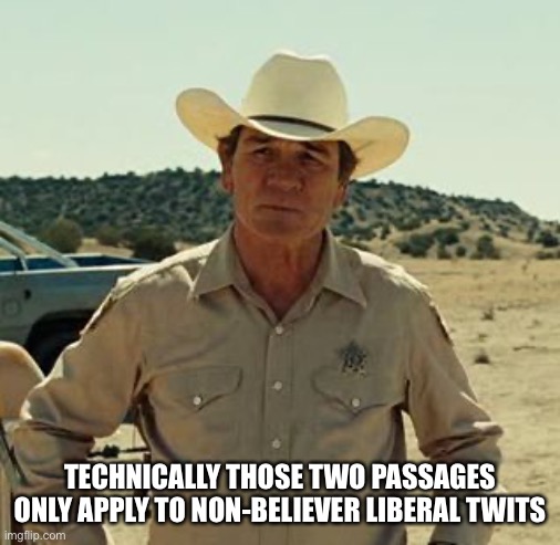 Tommy Lee Jones, No Country.. | TECHNICALLY THOSE TWO PASSAGES ONLY APPLY TO NON-BELIEVER LIBERAL TWITS | image tagged in tommy lee jones no country | made w/ Imgflip meme maker