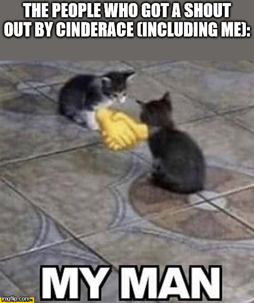 Cats shaking hands | THE PEOPLE WHO GOT A SHOUT OUT BY CINDERACE (INCLUDING ME): | image tagged in cats shaking hands | made w/ Imgflip meme maker