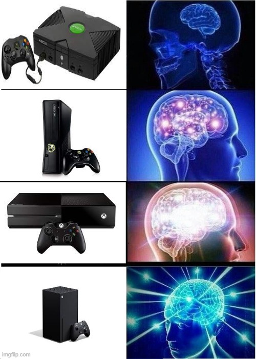 The Xbox console over the years | image tagged in memes,expanding brain,xbox | made w/ Imgflip meme maker