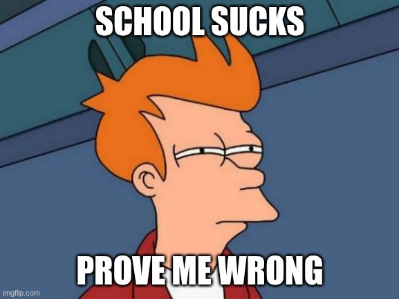 Futurama Fry | SCHOOL SUCKS; PROVE ME WRONG | image tagged in memes,futurama fry | made w/ Imgflip meme maker