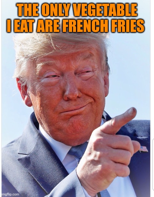 Trump pointing | THE ONLY VEGETABLE I EAT ARE FRENCH FRIES | image tagged in trump pointing | made w/ Imgflip meme maker