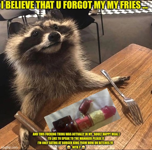 My My Fries …. Better Than No Fries I Suppose !!!  : ) | I BELIEVE THAT U FORGOT MY MY FRIES …; AND THIS FUCKING THING WAS ACTUALLY IN MY  ‘ADULT HAPPY MEAL !
I’D LIKE TO SPEAK TO THE MANAGER PLEASE !! 
I’M ONLY EATING AT BURGER KING FROM NOW ON BITCHES !!!   
😂  WTH ? 😂 | image tagged in hungry racoon | made w/ Imgflip meme maker