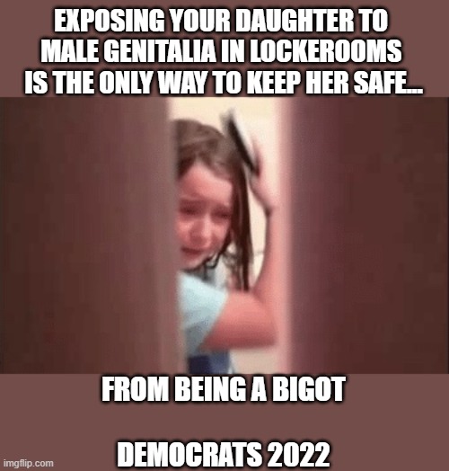 EXPOSING YOUR DAUGHTER TO 
MALE GENITALIA IN LOCKEROOMS 
IS THE ONLY WAY TO KEEP HER SAFE... FROM BEING A BIGOT
 
DEMOCRATS 2022 | image tagged in democrats,locker room | made w/ Imgflip meme maker