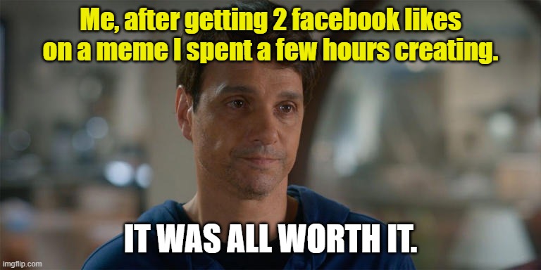 facebook meme | Me, after getting 2 facebook likes on a meme I spent a few hours creating. IT WAS ALL WORTH IT. | image tagged in facebook,funny | made w/ Imgflip meme maker