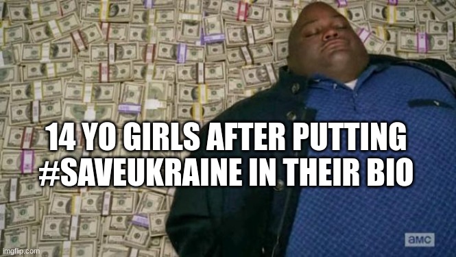 huell money | 14 YO GIRLS AFTER PUTTING #SAVEUKRAINE IN THEIR BIO | image tagged in huell money | made w/ Imgflip meme maker