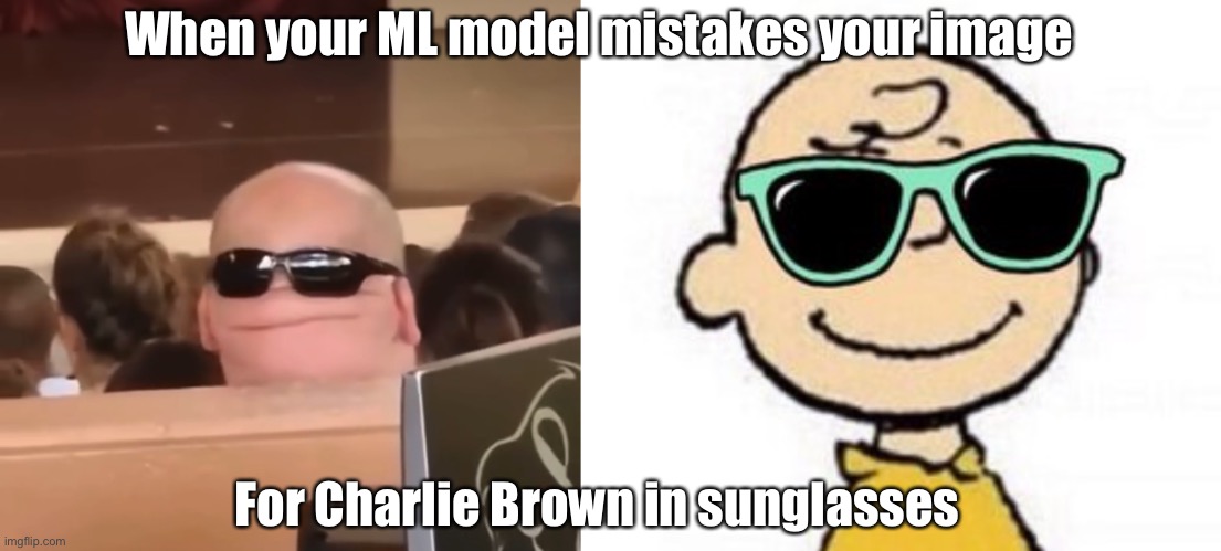 ML gone wacky | When your ML model mistakes your image; For Charlie Brown in sunglasses | image tagged in charlie brown,machine learning,ai,gans,bias | made w/ Imgflip meme maker