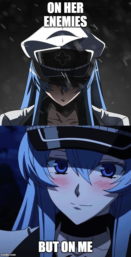 Angry Esdeath and Happy Esdeath | ON HER ENEMIES BUT ON ME | image tagged in angry esdeath and happy esdeath | made w/ Imgflip meme maker