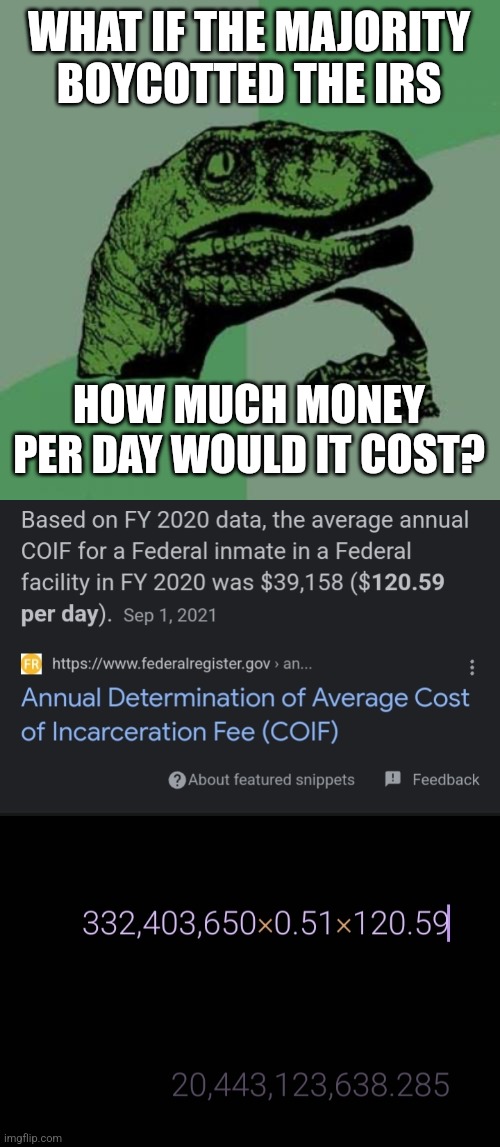 WHAT IF THE MAJORITY BOYCOTTED THE IRS; HOW MUCH MONEY PER DAY WOULD IT COST? | image tagged in memes,philosoraptor | made w/ Imgflip meme maker