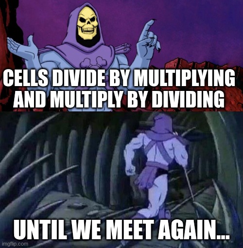 Skeletor Advice Until we meet again | CELLS DIVIDE BY MULTIPLYING AND MULTIPLY BY DIVIDING; UNTIL WE MEET AGAIN... | image tagged in skeletor advice until we meet again | made w/ Imgflip meme maker
