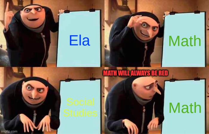 MEME | Ela; Math; MATH WILL ALWAYS BE RED; Social Studies; Math | image tagged in memes,gru's plan | made w/ Imgflip meme maker