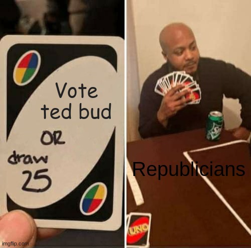 Ted bud | Vote ted bud; Republicians | image tagged in memes,uno draw 25 cards | made w/ Imgflip meme maker