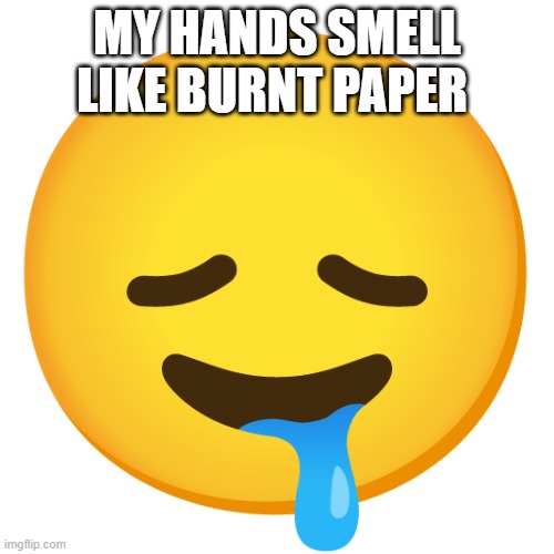 Downbad emoji 23 | MY HANDS SMELL LIKE BURNT PAPER | image tagged in downbad emoji 23 | made w/ Imgflip meme maker