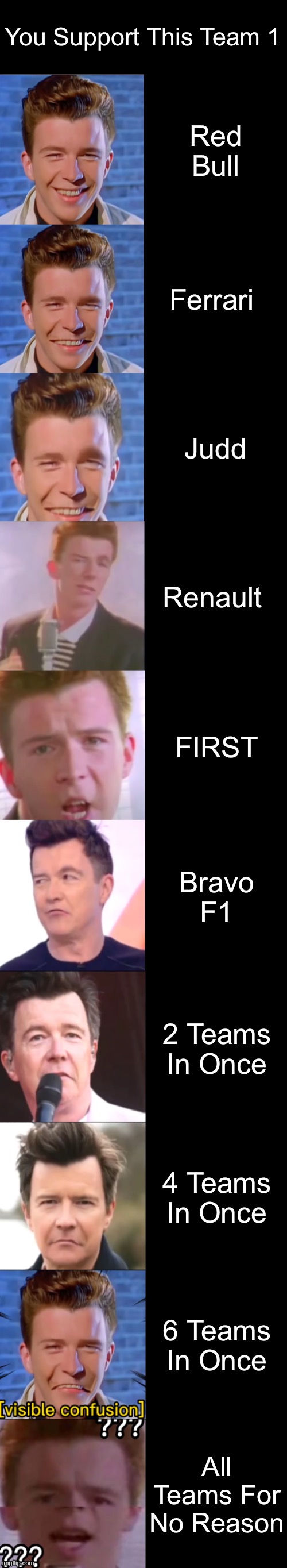 You Support This Team 1 (For Those Who Don’t Understand, Search Up Bravo F1 In Google) | You Support This Team 1; Red Bull; Ferrari; Judd; Renault; FIRST; Bravo F1; 2 Teams In Once; 4 Teams In Once; 6 Teams In Once; All Teams For No Reason | image tagged in rick astley becoming confused,f1 | made w/ Imgflip meme maker