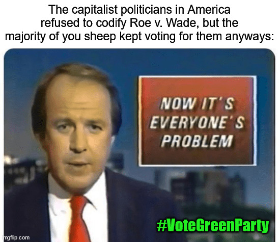 news now it's everyone's problem | The capitalist politicians in America refused to codify Roe v. Wade, but the majority of you sheep kept voting for them anyways:; #VoteGreenParty | image tagged in news now it's everyone's problem,green party,roevwade,abortion | made w/ Imgflip meme maker