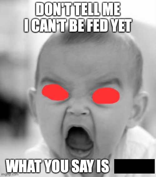 Angry Baby Meme | DON'T TELL ME I CAN'T BE FED YET; WHAT YOU SAY IS | image tagged in memes,angry baby | made w/ Imgflip meme maker