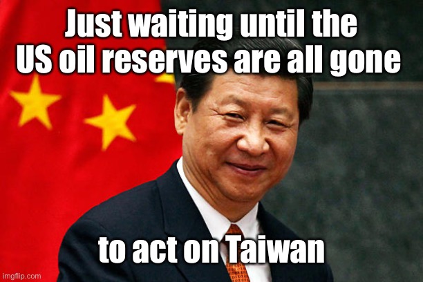Xi Jinping | Just waiting until the US oil reserves are all gone to act on Taiwan | image tagged in xi jinping | made w/ Imgflip meme maker