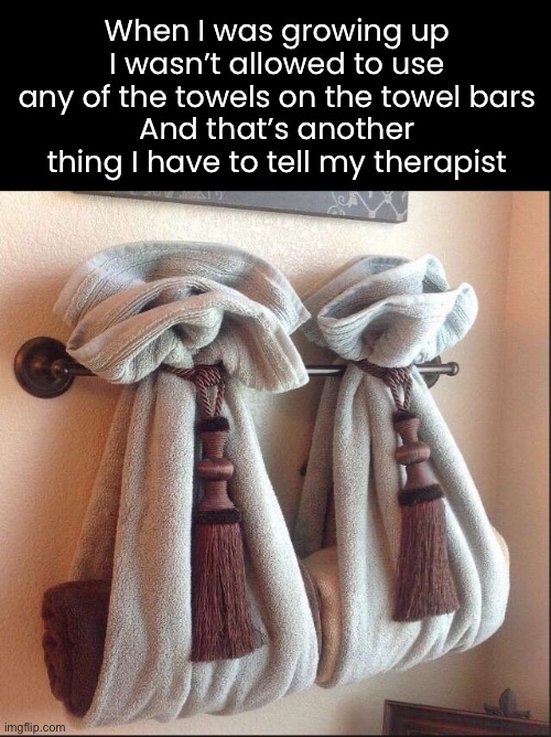 Decoration Towels | When I was growing up
I wasn’t allowed to use any of the towels on the towel bars
And that’s another thing I have to tell my therapist | image tagged in funny memes,the olden days,weird stuff my mom did | made w/ Imgflip meme maker