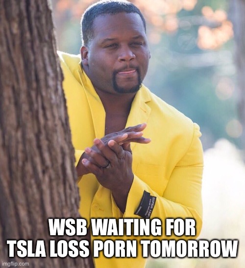 Black guy hiding behind tree | WSB WAITING FOR TSLA LOSS PORN TOMORROW | image tagged in black guy hiding behind tree | made w/ Imgflip meme maker