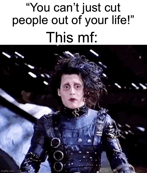 Edward Scissorhands | “You can’t just cut people out of your life!”; This mf: | image tagged in memes,funny,halloween,spooky month,spooky memes,halloween memes | made w/ Imgflip meme maker