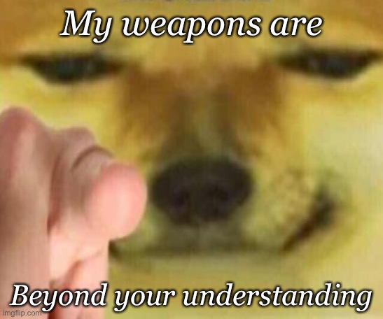Weapons | My weapons are; Beyond your understanding | image tagged in cheems pointing at you,my goals are beyond your understanding,weapons | made w/ Imgflip meme maker