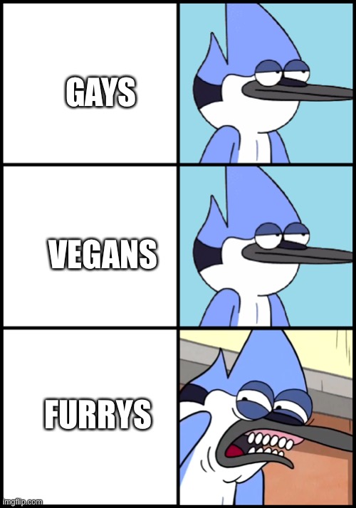 Based | GAYS; VEGANS; FURRYS | image tagged in mordecai disgusted | made w/ Imgflip meme maker