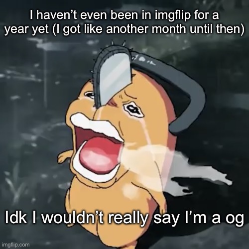 Pochita copper cry | I haven’t even been in imgflip for a year yet (I got like another month until then); Idk I wouldn’t really say I’m a og | image tagged in pochita copper cry | made w/ Imgflip meme maker