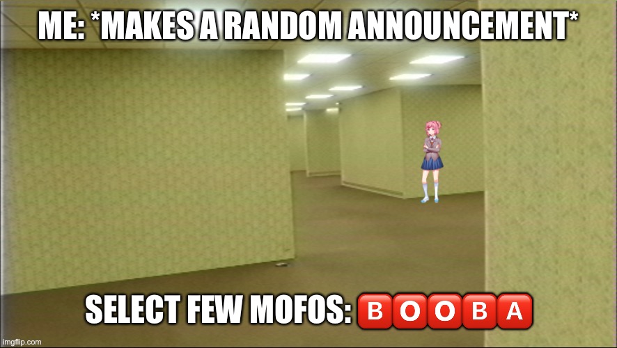 Slander (don’t get me wrong I don’t mind) | ME: *MAKES A RANDOM ANNOUNCEMENT*; SELECT FEW MOFOS: 🅱️🅾️🅾️🅱️🅰️ | image tagged in natsuki in backrooms | made w/ Imgflip meme maker