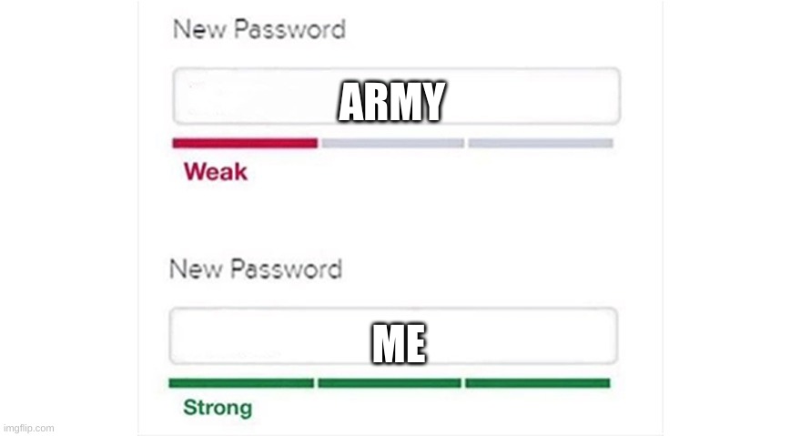 was bored | ARMY; ME | image tagged in weak strong password | made w/ Imgflip meme maker