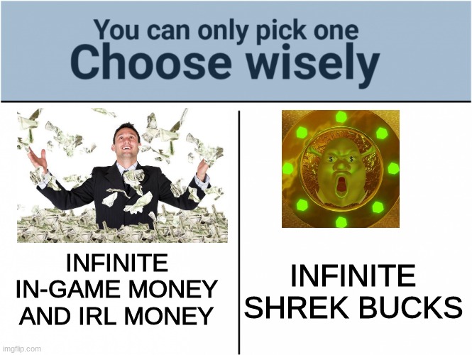 Infinite SHREK BUCKS | INFINITE IN-GAME MONEY AND IRL MONEY; INFINITE SHREK BUCKS | image tagged in you can pick only one choose wisely,shrek,rich,wise man | made w/ Imgflip meme maker