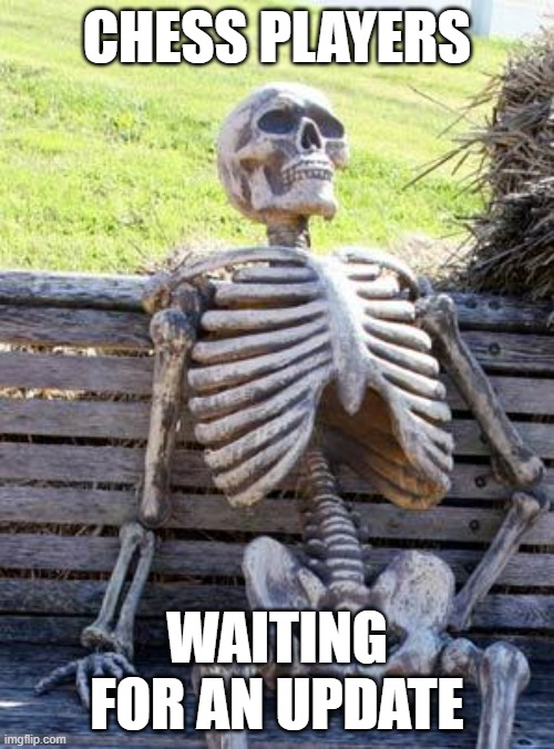 Waiting Skeleton | CHESS PLAYERS; WAITING FOR AN UPDATE | image tagged in memes,waiting skeleton | made w/ Imgflip meme maker