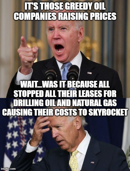 IT'S THOSE GREEDY OIL COMPANIES RAISING PRICES WAIT...WAS IT BECAUSE ALL STOPPED ALL THEIR LEASES FOR DRILLING OIL AND NATURAL GAS CAUSING T | image tagged in angry biden,joe biden worries | made w/ Imgflip meme maker