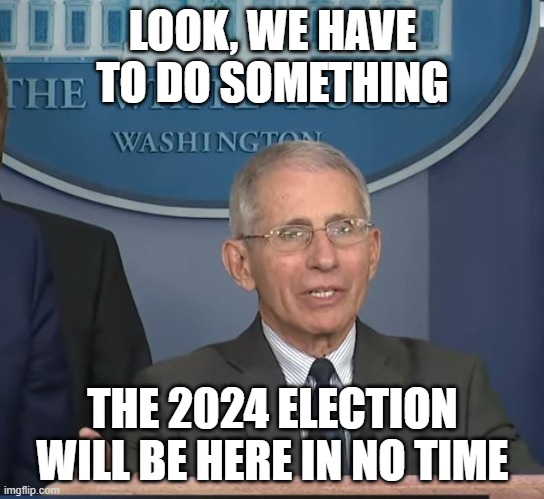 Dr Fauci | LOOK, WE HAVE TO DO SOMETHING THE 2024 ELECTION WILL BE HERE IN NO TIME | image tagged in dr fauci | made w/ Imgflip meme maker