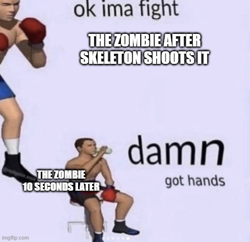 minecraft be like | THE ZOMBIE AFTER SKELETON SHOOTS IT; THE ZOMBIE 10 SECONDS LATER | image tagged in damn got hands | made w/ Imgflip meme maker