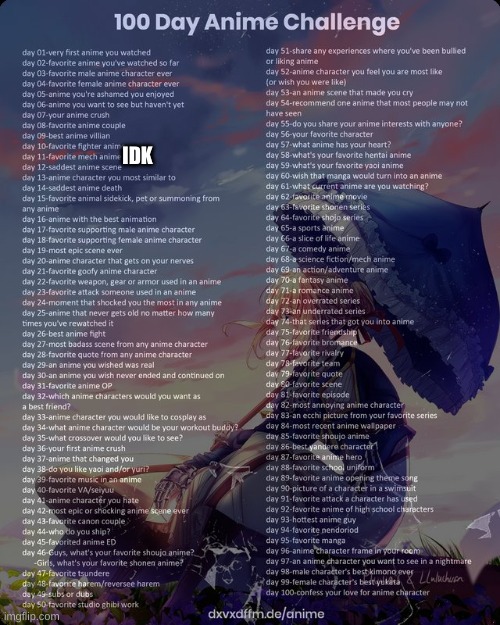 100 day anime challenge | IDK | image tagged in 100 day anime challenge | made w/ Imgflip meme maker
