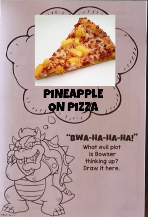 DESTROY BOWSER HE IS EVIL | PINEAPPLE ON PIZZA | image tagged in bowsers evil plan | made w/ Imgflip meme maker