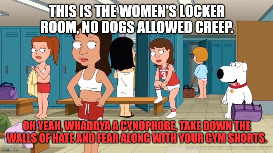 THIS IS THE WOMEN'S LOCKER ROOM, NO DOGS ALLOWED CREEP. OH YEAH, WHADDYA A CYNOPHOBE, TAKE DOWN THE WALLS OF HATE AND FEAR ALONG WITH YOUR G | made w/ Imgflip meme maker