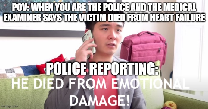 Police report be like | POV: WHEN YOU ARE THE POLICE AND THE MEDICAL EXAMINER SAYS THE VICTIM DIED FROM HEART FAILURE; POLICE REPORTING: | image tagged in he died from emotional damage | made w/ Imgflip meme maker