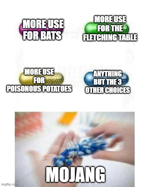 Give these 3 things a use Mojang | MORE USE FOR THE FLETCHING TABLE; MORE USE FOR BATS; MORE USE FOR POISONOUS POTATOES; ANYTHING BUT THE 3 OTHER CHOICES; MOJANG | image tagged in blank pills meme | made w/ Imgflip meme maker