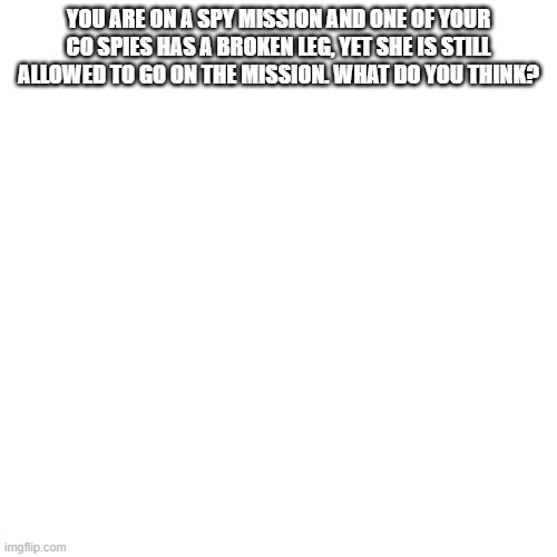 Blank Transparent Square Meme | YOU ARE ON A SPY MISSION AND ONE OF YOUR CO SPIES HAS A BROKEN LEG, YET SHE IS STILL ALLOWED TO GO ON THE MISSION. WHAT DO YOU THINK? | image tagged in memes,blank transparent square | made w/ Imgflip meme maker