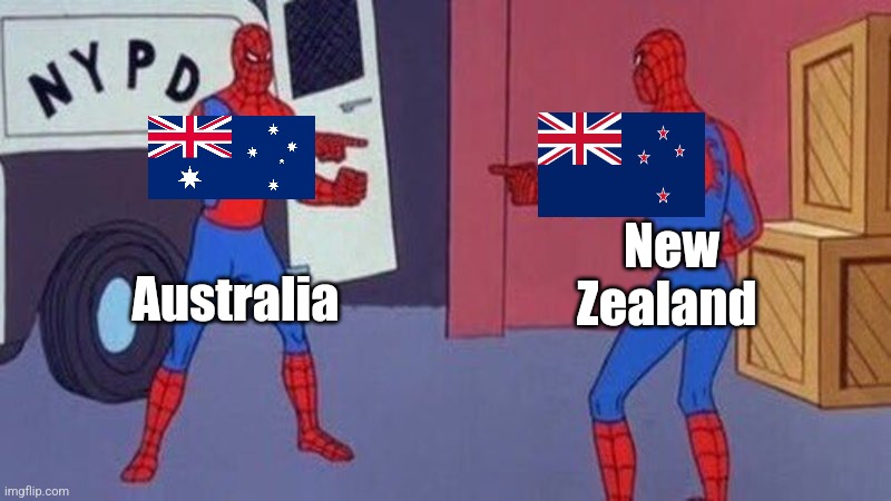 spiderman pointing at spiderman | New Zealand; Australia | image tagged in spiderman pointing at spiderman | made w/ Imgflip meme maker