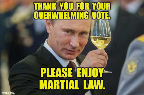 Because... Why? | THANK  YOU  FOR  YOUR
OVERWHELMING  VOTE. PLEASE  ENJOY
MARTIAL  LAW. | image tagged in putin,ukraine,russia,martial law,funny memes | made w/ Imgflip meme maker